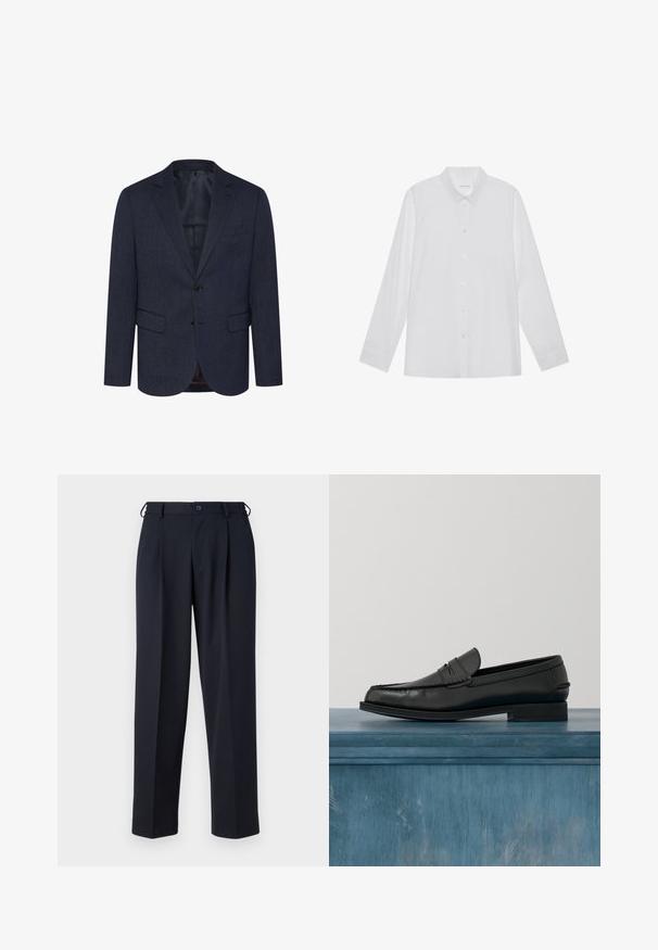 Dunkelblaues Blazer mit strukturiertem Fischgrätmuster, schlanker Schnitt, zwei Fronttaschen, einknopfverschluss und geknöpfter Revers.; Weiße Langarmbluse aus glattem Stoff, mit spitzem Kragen, Knopfleiste vorne und Ein-Knopf-Manschetten.; Marineblaue, maßgeschneiderte Hose mit Knopf- und Reißverschluss vorne, Gürtelschlaufen und Seitentaschen, gezeigt auf weißem Hintergrund.; Schwarze Leder-Loafer mit schlankem Design, ausgestattet mit einer abgesteppten Zehe und einer glatten Oberfläche. Der Schuh verfügt über einen flachen Absatz und minimale Verzierungen.