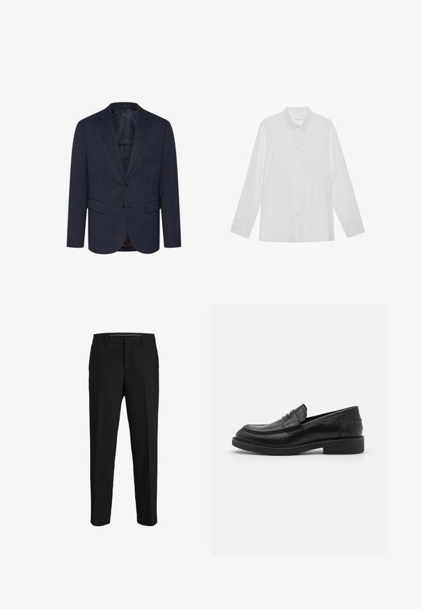 Marineblauwe blazer met een gestructureerd visgraatpatroon, slim fit, twee voorke pockets, een enkele knoopsluiting en een notch-lapel.; Witte blouse met lange mouwen van soepel stof, met een puntige kraag, voorkant met knoopsluiting en manchetten met één knoop.; Zwarte broeken van een gladde stof, met een rechte snit, riemlussen en een platte voorkant zonder zichtbare patronen of versieringen.; Zwarte leren loafers met een ronde neus, ton-sur-ton stiksels en een banddetail aan de voorkant. Rubberen zool met een lage hak.