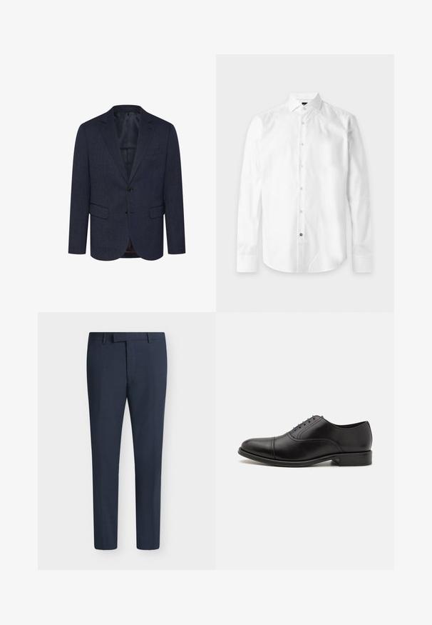 Dunkelblaues Blazer mit strukturiertem Fischgrätmuster, schlanker Schnitt, zwei Fronttaschen, einknopfverschluss und geknöpfter Revers.; Weißes Hemd mit langen Ärmeln, Knopfleiste vorne und weiter Kragen, flach auf hellem Hintergrund dargestellt.; Marineblaue, maßgeschneiderte Herrenhose mit Gürtelschlaufen und einem vorderen Reißverschluss, vor einem schlichten Hintergrund dargestellt.; Schwarze Lederschuhe mit abgerundetem Zeh, glatter Oberfläche und dezenten Nähten. Mit blauen Schnürsenkeln und einem niedrigen, gestapelten Absatz.