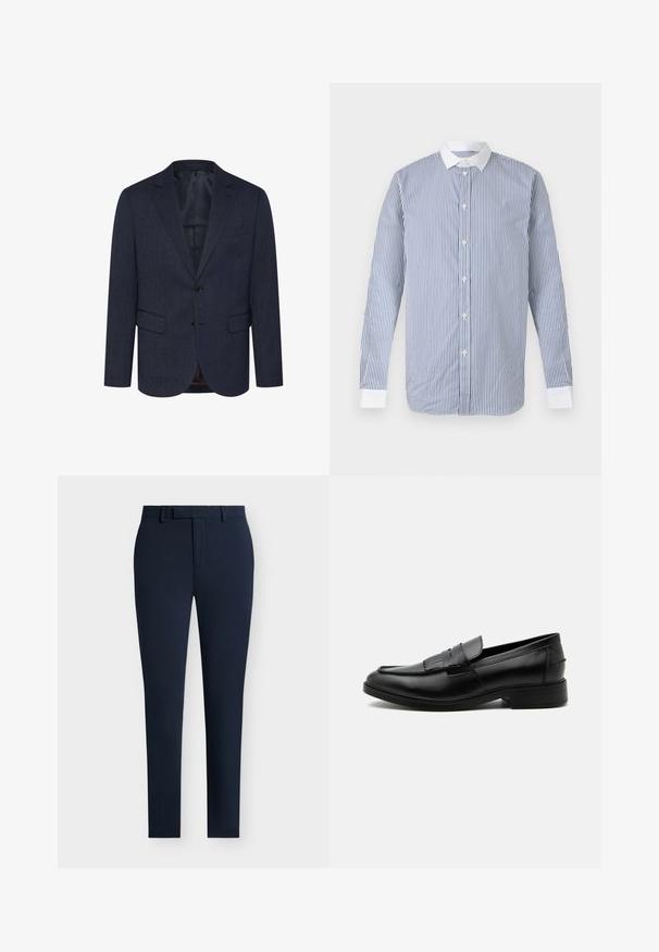 Mørkeblå blazer med et struktureret herringbone mønster, slim fit, to forlommer, enkelt knaplukning og klapkrave.; Langærmet skjorte med knapper, med lodrette blå og hvide striber, hvid krave og hvide manchetter på en ensfarvet baggrund.; Mørkeblå slim-fit bukser lavet af glat materiale, med flad front, bæltestropper og en ren afslutning ved anklerne.; Sort læder herre loafers med kvast detalje, rundet tå, lav hæl og glat poleret finish, vist fra siden på hvid baggrund.