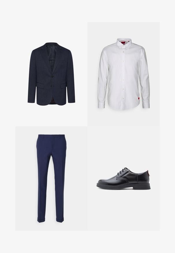Námornícky modrý blazer s textúrovaným rybím vzorom, slim fit, dve predné vrecká, zapínanie na jeden gombík a klopový golier.; Biela košeľa s dlhým rukávom a golierom na gombíky, vyrobená z ľahkej látky. Má jemnú nášivku značky v červenej farbe na dolnej strane.; Námořnické modré kalhoty na míru s hladkou texturou, rovného střihu a srolovanými manžetami. Mají přední kapsy a plochý design vzadu.; Čierne kožené šnurovacie topánky s hladkou textúrou, zaoblenou špičkou a jemnými švami. Na päte je červené sťahovacie očko.