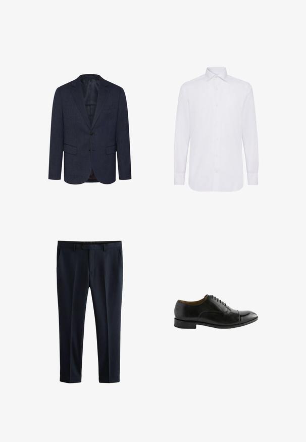 Dunkelblaues Blazer mit strukturiertem Fischgrätmuster, schlanker Schnitt, zwei Fronttaschen, einknopfverschluss und geknöpfter Revers.; Weißes Langarmhemd mit klassischem Kragen, Knopf-Leiste und geradem Saum. Hergestellt aus glattem Baumwollstoff.; Marineblaues Hosen aus glattem Stoff, mit regulärer Passform, seitlichen Taschen, einem einzigen Knopfverschluss und flachem Frontdesign.; Schwarze Lederschuhe mit abgerundetem Zehenbereich, glatter Oberfläche und Schnürdesign. Verfügt über einen niedrigen Absatz und dezente Stickdetails.
