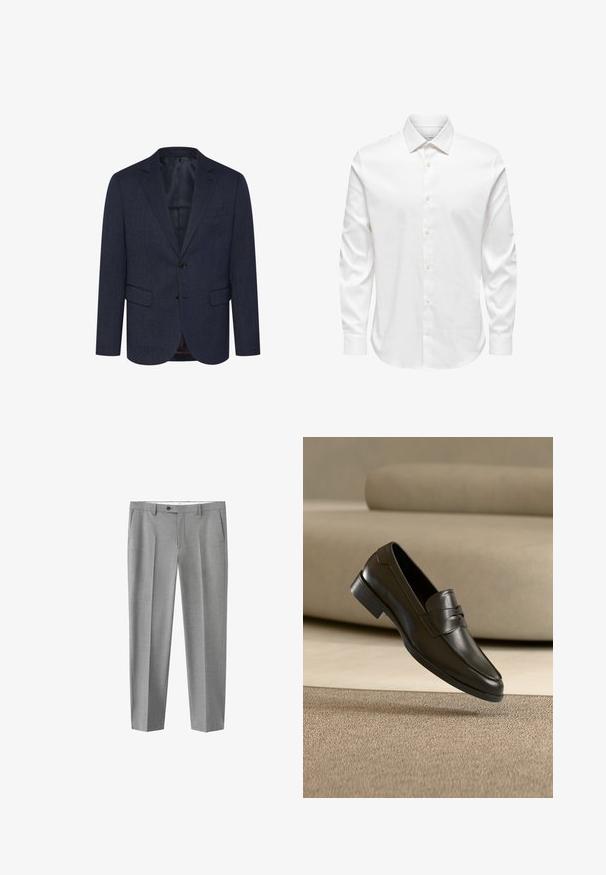 Marineblauwe blazer met een gestructureerd visgraatpatroon, slim fit, twee voorke pockets, een enkele knoopsluiting en een notch-lapel.; Wit herenshirt met lange mouwen, een puntige kraag en een rij witte knopen aan de voorkant op een effen achtergrond.; Lichtgrijze herenkledingbroek met ceintuurlussen, voorzakken, knoop- en ritsluiting, en gestreken plooien langs elke pijp.; Zwarte leren loafer zwevend boven een beige tapijt met een beige bank op de achtergrond, met een klassiek mannenmodel instapontwerp.