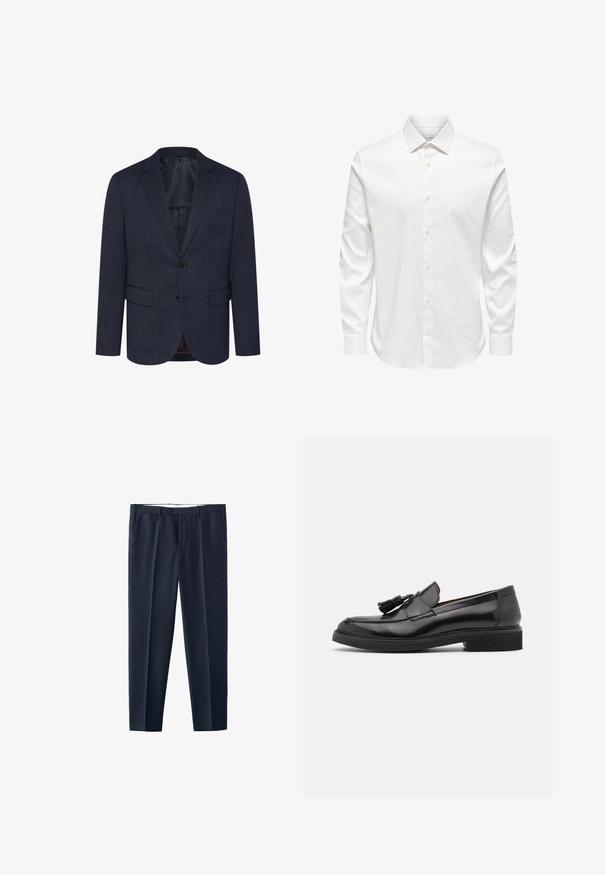 Dunkelblaues Blazer mit strukturiertem Fischgrätmuster, schlanker Schnitt, zwei Fronttaschen, einknopfverschluss und geknöpfter Revers.; Weißes Herrenhemd mit langen Ärmeln, spitzem Kragen und einer vorderen Reihe weißer Knöpfe auf einfarbigem Hintergrund.; Dunkelblaue formelle Hose mit Gürtelschlaufen, Knopfverschluss, seitlichen Taschen und gebügelten Bügelfalten an der Vorderseite jedes Hosenbeins.; Schwarze Lederl der mit Quastendetail, abgerundetem Zeh und strukturiertem Absatz. Verfügt über eine glatte Oberfläche und ein minimalistisches Design.