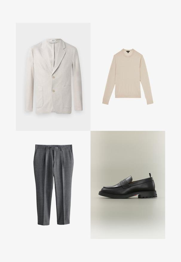 Blazer de punto beige con diseño de un solo botón, solapas con muesca, dos bolsillos delanteros y dos cierres de botón. Textura suave.; Suéter de manga larga color beige claro con cuello redondo. Hecho de un tejido suave, con puños y dobladillo acanalados. Diseño minimalista sin patrones.; Pantalones de vestir a medida para hombre en gris con cierre frontal de botón y cremallera, bolsillos laterales y corte recto.; Mocasín de cuero negro con detalle de tira texturizada, suela gruesa, lengüeta en el talón y sutil franja de color en el lateral de la suela.