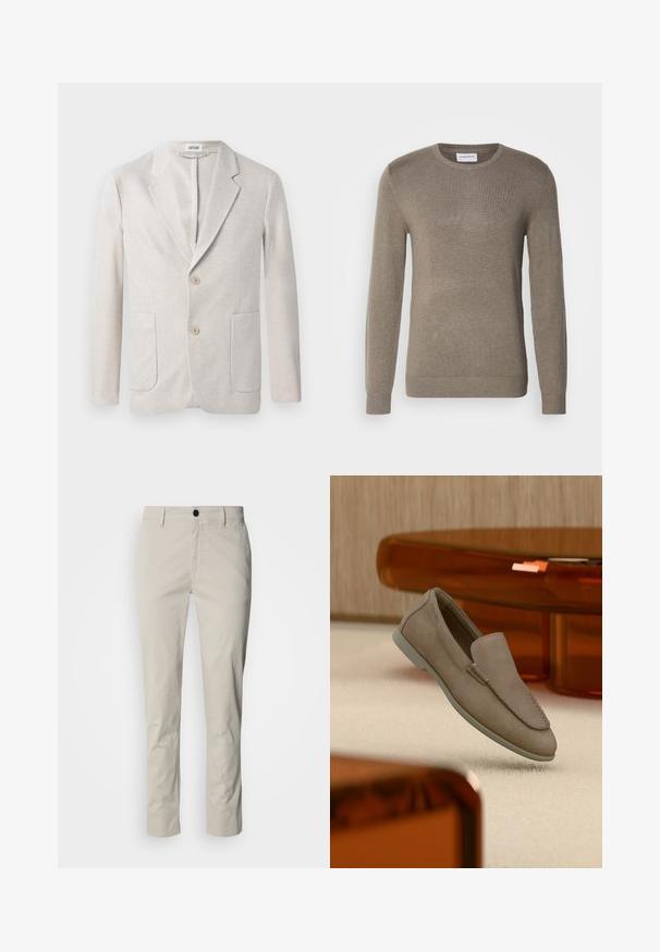 Blazer de punto beige con diseño de un solo botón, solapas con muesca, dos bolsillos delanteros y dos cierres de botón. Textura suave.; Suéter color caqui hecho de un material de punto suave, con cuello redondo, mangas largas y un sutil logo bordado en el pecho.; Pantalones chinos beige con diseño de pierna recta, con cierre de botones negros, trabillas para cinturón y bolsillos laterales; textura de tela suave.; Mocasín beige de ante sin cordones con costuras visibles y suela clara, posicionado sobre una alfombra color crema, con un mueble translúcido naranja en el fondo.