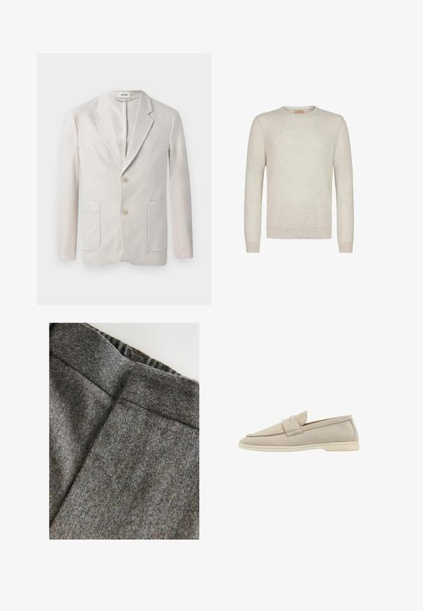 Beige strikjakke med enkeltknap design, klippet krave, to forlommer og to knaplukninger. Glat tekstur.; Beige crew-neck sweater lavet af blødt strikstof. Har lange ærmer samt ribbede manchetter og kant. Minimalistisk design med en glat tekstur.; Grå uldblandingsbukser med en glat tekstur, der har en bred talje og en ren, klassisk pasform. Subtile farveprikker er til stede.; Beige ruskind slip-on sko med rund tå, frontaccentbånd og en let gummisål. Glat tekstur og minimalistisk design.