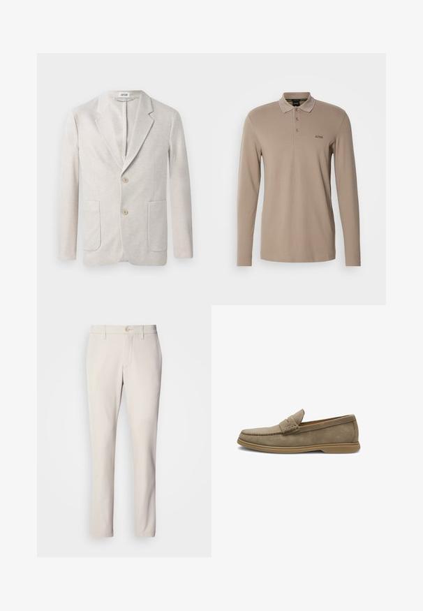 Blazer de punto beige con diseño de un solo botón, solapas con muesca, dos bolsillos delanteros y dos cierres de botón. Textura suave.; Camisa polo de manga larga en color beige claro, fabricada en algodón suave. Presenta un cuello clásico, tapeta de tres botones y un logotipo bordado.; Pantalones beige de corte ajustado, con cierre de botón en la parte delantera, diseño de frente plano y corte recto, confeccionados en una suave mezcla de algodón.; Zapato tipo mocasín de hombre en ante marrón claro con costura de mocasín y suela plana de goma, vista lateral sobre fondo blanco.