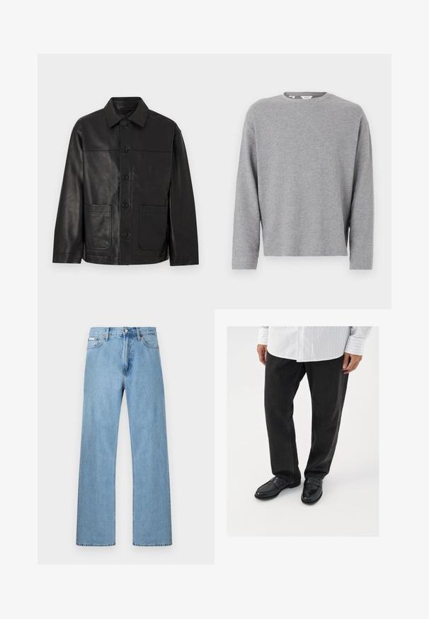 Black leather button-up jacket with collar and two large front patch pockets, displayed against a plain light background.; Light gray long-sleeve crew neck sweatshirt with a simple, plain knit texture, displayed against a white background.; Light blue straight-leg denim jeans with five-pocket design and button closure at the waist, displayed against a plain background.; Black denim pants paired with shiny black loafers. The shirt is white with thin vertical stripes, with long sleeves and a buttoned collar.