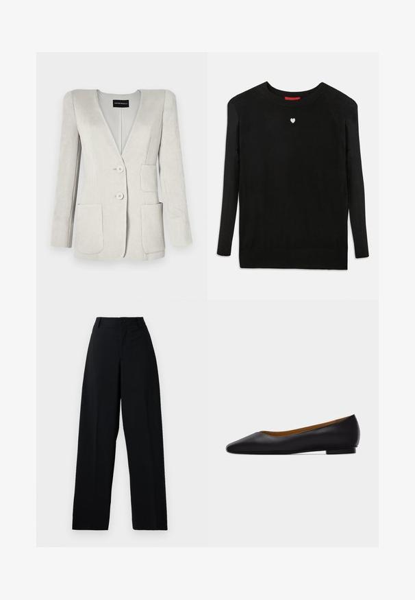Lys grå fløjl blazer med en dyb V-hals, to forlommer og to knapper. Har en tekstureret overflade og strukturerede skuldre.; Sort striktrøje med lange ærmer, rund halsudskæring og et lille hvidt hjerte på brystet. Blød tekstur og ribbede manchetter og kant.; Sorte højtaljede vidde bukser med knap- og lynlåslukning, bæltestropper og en ren, glat stoffinish.; Sort læder flad sko med spids tå, lav hæl og glat finish, vist fra siden på en lysegrå baggrund.