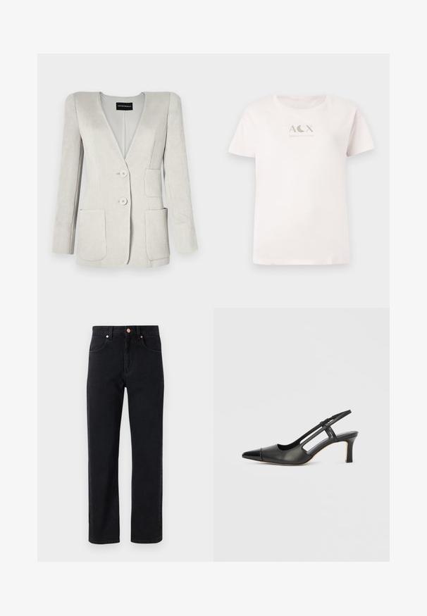 Lys grå fløjl blazer med en dyb V-hals, to forlommer og to knapper. Har en tekstureret overflade og strukturerede skuldre.; Lyserød bomulds t-shirt med korte ærmer og rund hals, som har et metallic sølvfarvet "ACX ARMANI EXCHANGE" logo på forsiden.; Sorte denim jeans med lige ben, fem-lomme design, kobberknap detaljer og minimal syning synlig.; Sort læder slingback-sko med spids tå, der har en blank accent på tåhætten og en mellemhøj hæl. Åben sidesektion.