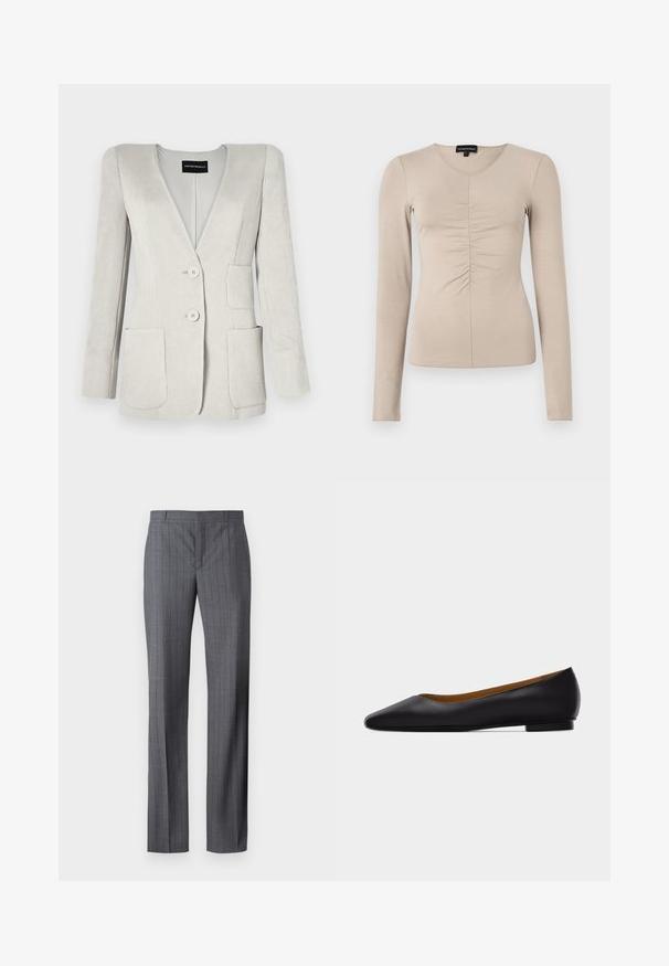 Blazer en velours côtelé gris clair avec un profond col en V, deux poches frontales et deux boutons. Il présente une finition texturée et des épaules structurées.; Haut à manches longues et col en V en tissu beige clair. Détails froncés au centre avant. Texture douce et lisse.; Pantalons gris à rayures fines en tissu lisse, avec une coupe droite, un devant plat et sans poches ni embellissements visibles.; Chaussure plate en cuir noir à bout pointu avec talon bas et finition lisse, vue de côté sur un fond gris clair.