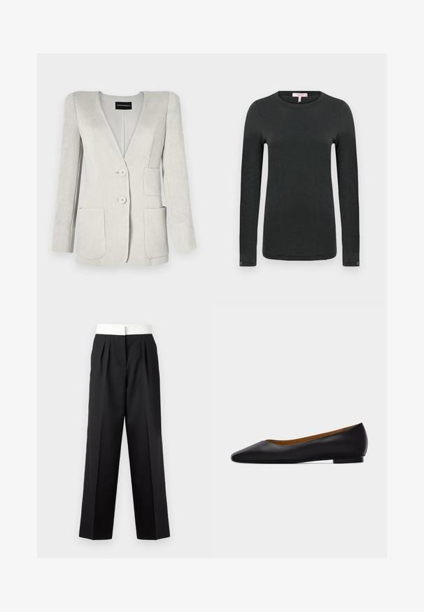 Lys grå fløjl blazer med en dyb V-hals, to forlommer og to knapper. Har en tekstureret overflade og strukturerede skuldre.; rag & bone THE SLUB - Langærmet T-shirt - black; Sorte plisserede bukser med en bred hvid talje, der har en lige pasform og en glat tekstur for et struktureret udseende.; Sort læder flad sko med spids tå, lav hæl og glat finish, vist fra siden på en lysegrå baggrund.