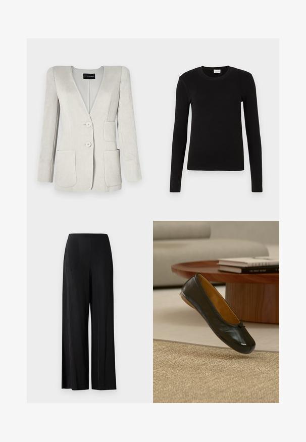 Lichtgrijze ribfluweel blazer met een diepe V-hals, twee voorzakken en twee knopen. Beschikt over een gestructureerde afwerking en aangeklede schouders.; Zwarte lange mouwen T-shirt gemaakt van zachte, gladde stof. Heeft een ronde halslijn en een aansluitende vorm, zonder zichtbare patronen of accenten.; Zwarte, wijde broek van gladde stof, met een hoge tailleband en geen zichtbare zakken of hardware. Vloerlange stijl.; Zwarte leren ballerina platte schoen met klein strikdetail, zwevend boven een geweven beige tapijt in een woonkamer met een houten salontafel en boeken.