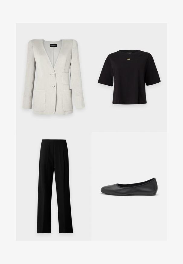 Lys grå fløjl blazer med en dyb V-hals, to forlommer og to knapper. Har en tekstureret overflade og strukturerede skuldre.; Sort kortærmet T-shirt lavet af bomuld med en afslappet pasform, med et guld "AX" logo centreret på brystet.; Sorte vidde bukser lavet af glat stof, med en flad talje og frontfald for et skræddersyet look. Ingen synlig hardware eller mønstre.; Sort læderballetsko med rund tå, glat tekstur, minimal syning og et fleksibelt såldesign.