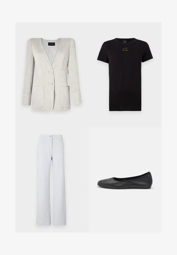 Lichtgrijze ribfluweel blazer met een diepe V-hals, twee voorzakken en twee knopen. Beschikt over een gestructureerde afwerking en aangeklede schouders.; Zwarte T-shirt met korte mouwen van katoen. Kenmerkt zich door een gouden logo op de borst. Klassiek ontwerp met ronde hals. Zachte textuur.; Lichtblauwe wijde broek van zacht stof, met een voorknopsluiting, riemlussen en twee zijzakken. Glad textuur en eenvoudig ontwerp.; Zwarte leren ballerina met een ronde neus, gladde textuur, minimale stikdetails en een flexibele zoolontwerp.