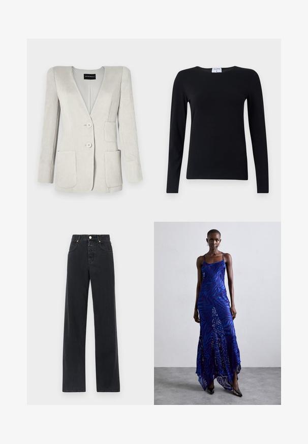 Lys grå fløjl blazer med en dyb V-hals, to forlommer og to knapper. Har en tekstureret overflade og strukturerede skuldre.; Langærmet sort skjorte lavet af blødt stof, med rund hals, lige skæring og minimale sømme for et rent udseende.; Sorte denim jeans med høj talje, lige ben, fem-lomme design, synlig syning og metalknaplukning.; Blå og lilla dyreprint maxi kjole med tynde stropper, en tætsiddende bodice, flagrende kant og gennemsigtig overlay-detaljering.