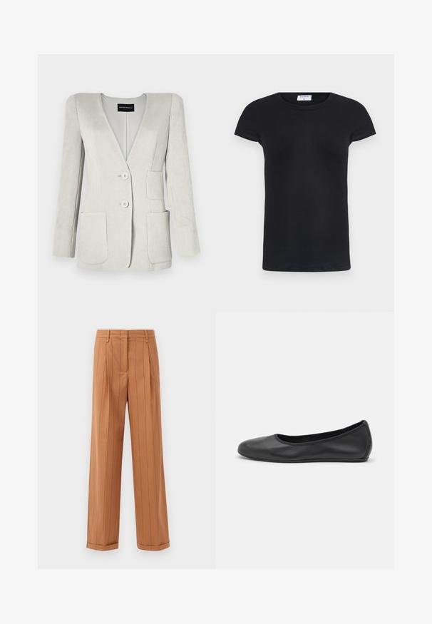 Blazer en velours côtelé gris clair avec un profond col en V, deux poches frontales et deux boutons. Il présente une finition texturée et des épaules structurées.; T-shirt noir à côtes avec un col rond et des manches courtes. Tissu doux avec une coupe ajustée, présentant une étiquette au niveau du cou.; Pantalons bruns à rayures fines avec une conception sur mesure, featuring des plis, une coupe droite et un ourlet retroussé. Fabriqués dans un tissu lisse.; Ballerines en cuir noir avec un bout rond, texture lisse, détails de couture minimalistes et design de semelle flexible.