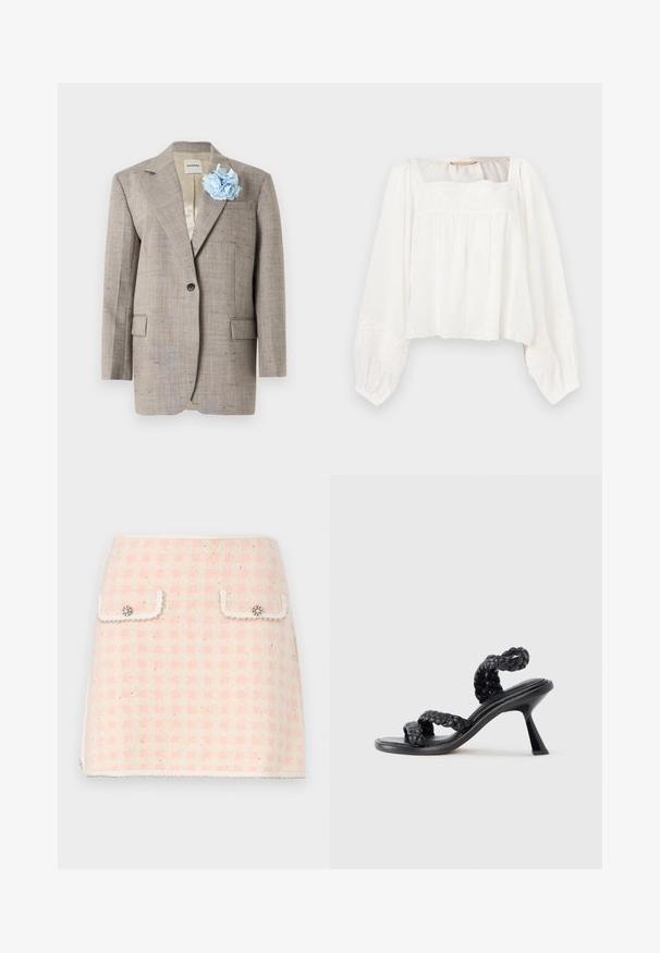 Blazer beige texturé à bouton unique avec col cranté, poches à rabat, et fleur en tissu bleu clair sur le revers gauche.; Blouse blanche à manches longues avec encolure carrée, coupe ample, et délicats détails floraux brodés sur la poitrine, les poignets et l'ourlet.; Jupe mini en laine à motif vichy rose et crème, dotée de deux poches avant avec des boutons décoratifs et d'un ourlet frangé.; Sandales à talons noires avec des brides tissées, un design élégant, et un talon bloc pointu. Fabriquées en matériau lisse avec une finition brillante.