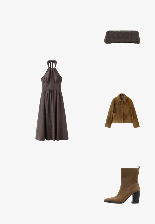 Veste en daim marron à boutons, avec de grandes poches frontales et un large col, présentée sur un fond blanc.; Robe marron à carreaux sans manches avec un col halter, corsage ajusté, taille froncée et longue jupe évasée, nouée au cou.; Bottine en daim marron avec un bout pointu et un talon carré. Présente des détails cousus et une languette à l'arrière pour un enfilage facile.; Pochette marron foncé avec un motif rectangulaire en cuir tissé et une forme douce légèrement arrondie.