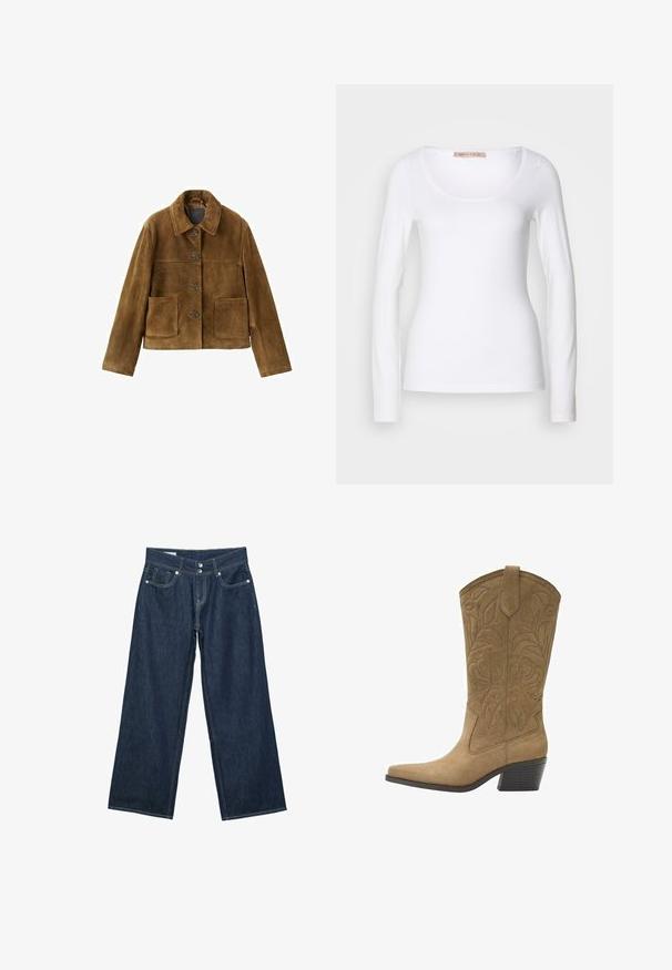 Brun ruskindsjakke med knapper og store frontlommer samt en bred krave, vist mod en hvid baggrund.; Langærmet hvid bomulds T-shirt med rund halsudskæring og tætsiddende design, med glat tekstur og uden udsmykninger.; Mørkeblå vidde jeans i denim med dobbelt knaplukning, forlommer og kontrastsyning på hvid baggrund.; Kamel-farvet ruskinds cowboystøvle med blomsterbroderi, spids snude, trække-flig og stablet mellemhøj hæl.
