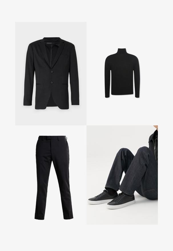 Sort blazer med slim fit, der har to knapper, udskårne revers og sidelommer. Fremstillet af glat stof med en subtil tekstur.; Sort langærmet rullekravebluse med slank pasform og diskret logo på venstre brystområde, vist på hvid baggrund.; Sorte skræddersyede bukser med lige pasform, lavet af et glat stof. Har flad front, bæltesløjfer og en ren skæring for et poleret udseende.; Person siddende med bøjede ben, iført mørkeblå jeans og sorte lave sneakers med hvide såler på en hvid baggrund.
