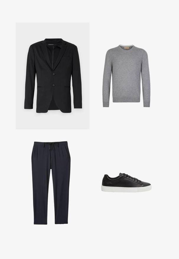 Sort blazer med slim fit, der har to knapper, udskårne revers og sidelommer. Fremstillet af glat stof med en subtil tekstur.; Grå langærmet sweater i blødt strikket materiale. Rund halsudskæring, ribbede manchetter og kant, med et simpelt og rent design.; Marineblå sportsbukser lavet af strækbart stof, med elastisk talje og snøre, to sidelommer og lige ben.; Sort lavtskåret lædersneaker med sorte snørebånd og hvid gummisål, set fra siden på en hvid baggrund.