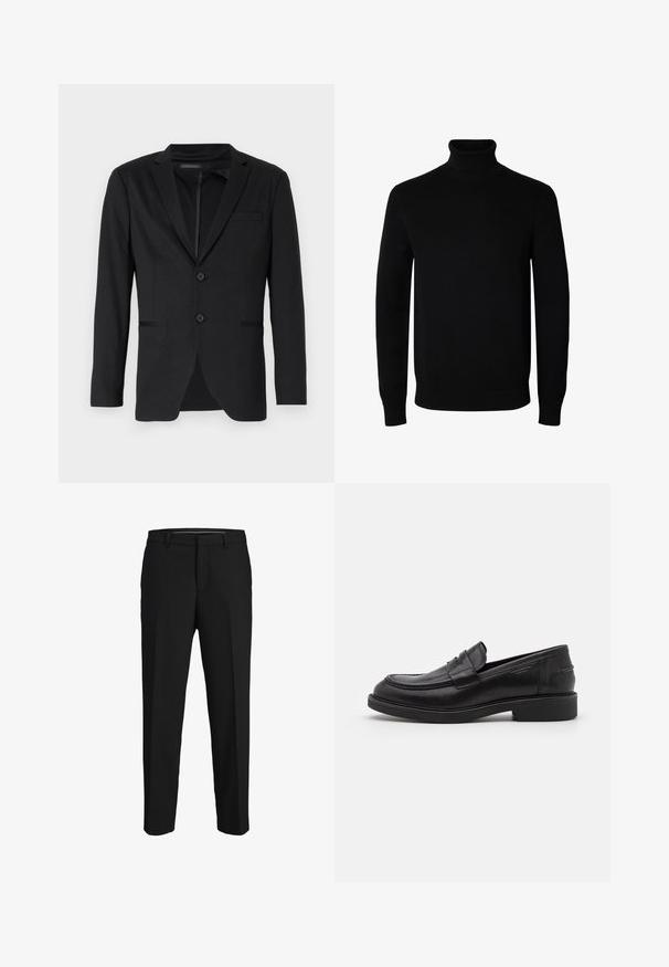Sort blazer med slim fit, der har to knapper, udskårne revers og sidelommer. Fremstillet af glat stof med en subtil tekstur.; Sort langærmet rullekrave sweater med rib manchetter og kant, vist på en ensartet hvid baggrund.; Sorte bukser lavet af glat stof, med lige snit, bæltestropper og et fladt frontdesign uden synlige mønstre eller pyntegenstande.; Sorte læder loafers med en rund tå, tonale syninger og en stropdetalje foran. Gummisål med en lav hæl.