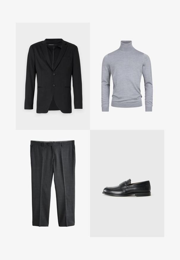 Sort blazer med slim fit, der har to knapper, udskårne revers og sidelommer. Fremstillet af glat stof med en subtil tekstur.; Grå turtleneck sweater lavet af et blødt strikket stof. Har lange ærmer og en tætsiddende design med ribbede manchetter og kant. Enkel, glat tekstur.; Mørkegrå formelle bukser med knap- og lynlåslukning foran, bæltestropper og sidelommer, vist fladt på en hvid baggrund.; Sorte læder loafers med rund tå, syet detaljer og en flad gummisål. Har en bred rem over vristen.