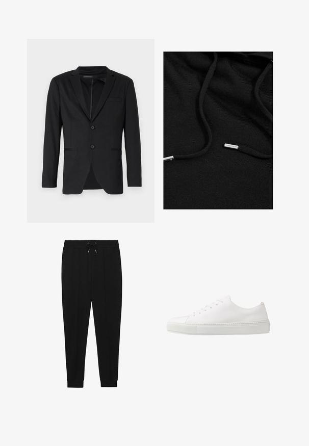 Sort blazer med slim fit, der har to knapper, udskårne revers og sidelommer. Fremstillet af glat stof med en subtil tekstur.; Sort hættejakke lavet af blødt stof. Har snore med metalspidser og en tekstureret overflade. Minimalistisk design uden mønstre.; Sorte træningsbukser med snøre i taljen, tapered ben og ribbede manchetter. Fremstillet af et blødt stof med en glat tekstur.; Hvide lædersneakers med en glat finish, rund tå og seks øjer til snørebånd. Har en tekstureret gummisål og et minimalisk design.