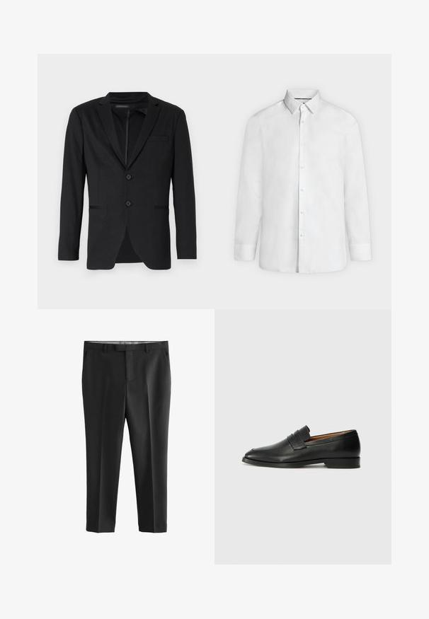 Sort blazer med slim fit, der har to knapper, udskårne revers og sidelommer. Fremstillet af glat stof med en subtil tekstur.; Hvid skjorte med lange ærmer, spredt krave og knapmanchetter, vist forfra på en ensfarvet lysegrå baggrund.; Sorte skræddersyede bukser lavet af et glat materiale. Har et fladt forside design, bæltestropper og sidelommer. Rene, lige ben.; Sort læder loafer med rund tå, diskret syning, og lav hæl, der har en glat tekstur og minimalistisk design.