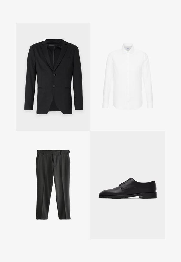 Sort blazer med slim fit, der har to knapper, udskårne revers og sidelommer. Fremstillet af glat stof med en subtil tekstur.; Hvid skjorte med lange ærmer, knapper foran, spids krave og manchetter med knapper, vist på en ensfarvet hvid baggrund.; Grå skræddersyede bukser med flad front, to sidelommer og knaplukning. Glat stof med en subtil tekstur og pressede folder.; Sort læder Oxford-sko til mænd med lukkede snørebånd og lavt stablet hæl, vist i sideprofil mod en hvid baggrund.