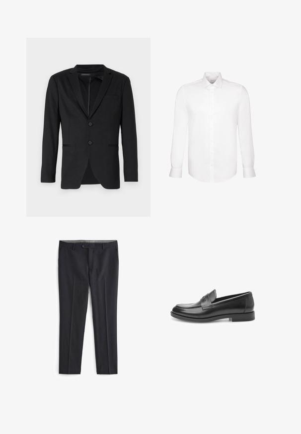 Sort blazer med slim fit, der har to knapper, udskårne revers og sidelommer. Fremstillet af glat stof med en subtil tekstur.; Hvid skjorte med lange ærmer, knapper foran og spids krave, vist på en ensfarvet hvid baggrund.; Sorte bukser med skræddersyet pasform, glat tekstur og to forlommer. Har en knaplukning og en diskret mønstret linning i taljen.; Sorte læder loafers med en glat finish, rund tå og et dekorativt bånd tværs over forsiden. Flad gummisål, klassisk design.
