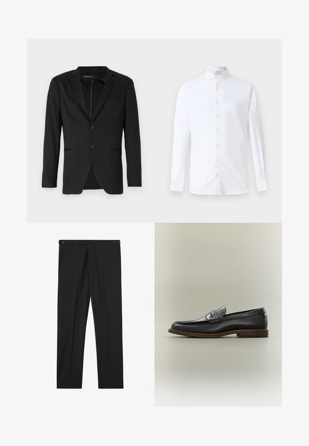 Sort blazer med slim fit, der har to knapper, udskårne revers og sidelommer. Fremstillet af glat stof med en subtil tekstur.; Hvid langærmet skjorte med knapper i bomuld, med klassisk krave, lige snit og en glat tekstur med matchende knapper.; Sorte skræddersyede bukser med knapper i siden ved taljen, frontplisseringer og lige ben, velegnede til formelt eller kontorbrug.; Sort læder penny loafer med brun sål og lav hæl, vist fra siden på en neutral baggrund.