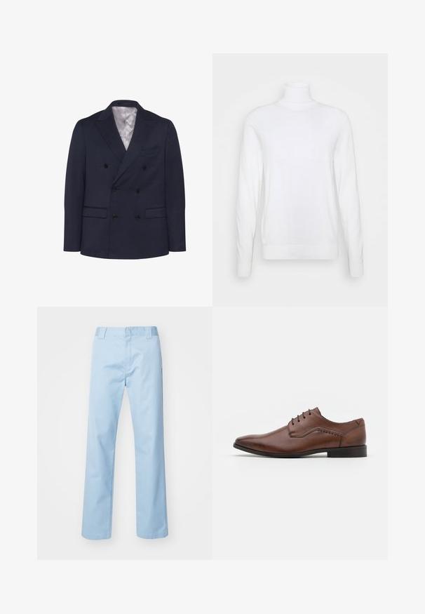 Blazer bleu marine croisé en tissu texturé. Il dispose de deux poches avant, de six boutons noirs et d'un col cranté. Doublure intérieure.; Pull à col roulé blanc avec des manches longues, fabriqué en tissu lisse. Présente un design ajusté et des poignets et un ourlet côtelés. Pas de motifs ni d'accents.; Pantalon droit bleu clair en tissu mélangé de coton. Présente une taille plate à l'avant, des poches latérales et aucun motif ou embellissement visible.; Chaussure habillée en cuir marron avec un bout pointu, un design à lacets et des coutures décoratives sur le côté. Semelle plate en caoutchouc noir.