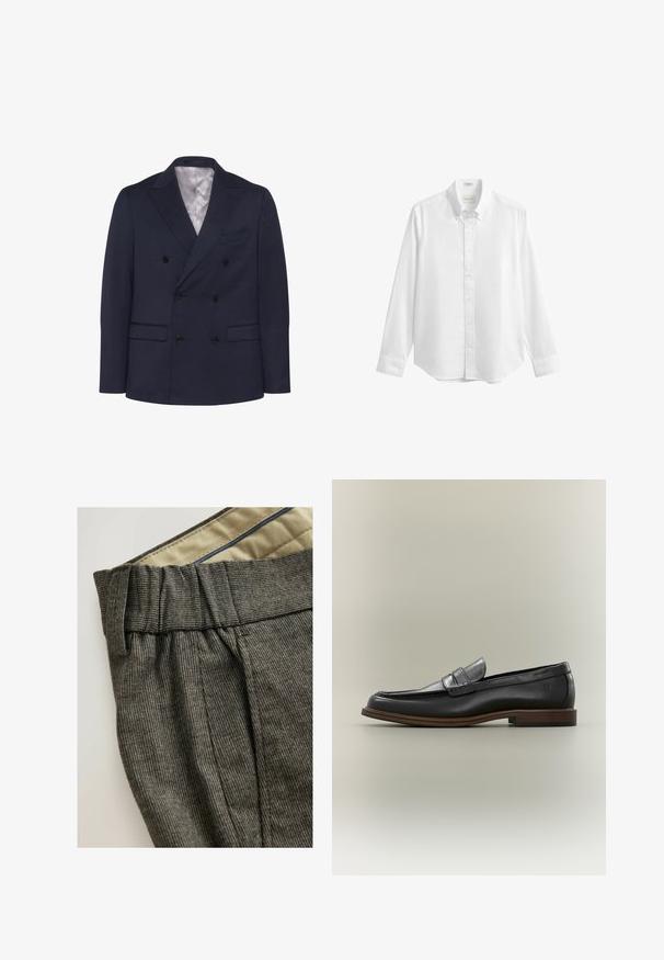 Marineblauwe dubbelgeknoopte blazer van gestructureerde stof. Bevat twee voorzakken, zes zwarte knopen en een gelapte revers. Voering aan de binnenkant.; Wit overhemd met lange mouwen, knopen en een button-down kraag, eenvoudig en klassiek ontwerp.; Grijze, gestructureerde broek met een geplooide tailleband en contrasterende binnenvoering. Bevat subtiele patronen en een nette pasvorm.; Zwarte leren penny loafer met bruine zool en lage hak, vanaf de zijkant weergegeven tegen een neutrale achtergrond.