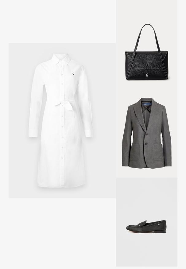 Enkeltknappet grå blazer med to knapper, hakkrave, to forlommelommer og en Polo by Ralph Lauren-label inde i kraven.; Lang hvid skjortekjole med lange ærmer, krave, bindebånd i taljen og lille mørkt logo på venstre bryst.; Sort læderloafer med tekstureret finish, penny keeper-detalje, slank profil, diskret branding på siden og lav, flad hæl.; Sort tekstureret læderhåndtaske med enkelt knapklap, to skulderremme, hvid syning og lille hvid hestelogo foran.