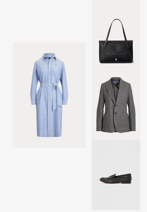 Jednorzadový sivý blejzer so dvoma gombíkmi, výstrih s výrezom, dva predné náprsné vrecká a štítok Polo by Ralph Lauren vo vnútri goliera.; Svetlomodré košeľové šaty s dlhým rukávom, gombíkmi vpredu, opaskom v páse a malým vyšitým logom na hrudi.; Čierna kožená mokasína s textúrovaným povrchom, detailom na uchytenie mincí, úzkym profilom, jemným logom na boku a nízkym, plochým podpätkom.; Čierna textúrovaná kožená kabelka s jedným zapínacím očkom, dvoma ramennými popruhmi, bielym prešívaním a malým bielym logom koňa na prednej strane.