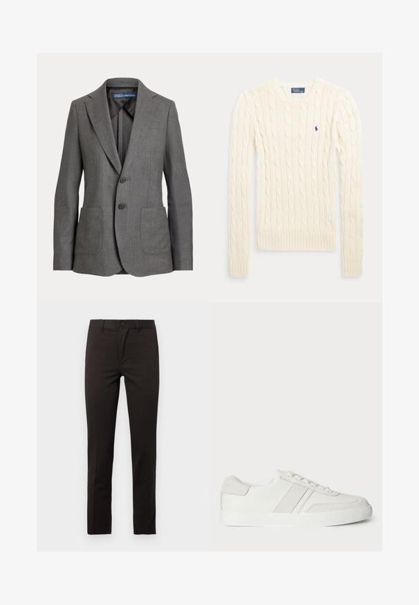 Enkeltknappet grå blazer med to knapper, hakkrave, to forlommelommer og en Polo by Ralph Lauren-label inde i kraven.; Langærmet cremefarvet kabelstrikket sweater med rund halsudskæring og lille mørkeblå broderet logo på brystet.; Sorte, lige bukser lavet af en glat bomuldsblanding; har en forreste knap, lynlås og to sidelommer. Ren, minimalistisk design.; Hvid sneakers med en glat læderoverdel, suedet detaljer og flade snørebånd. Har en tekstureret gummisål og et minimalistisk design.