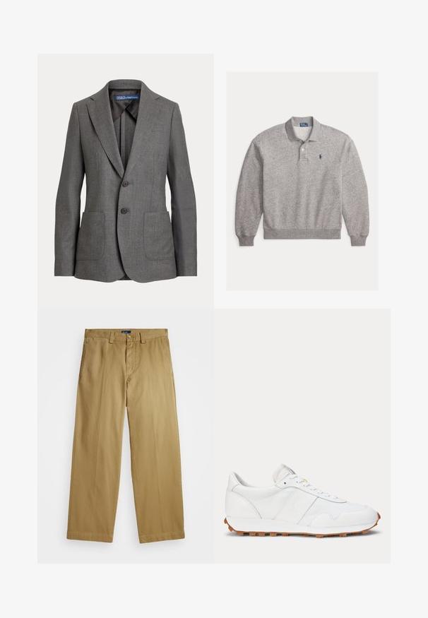 Enkeltknappet grå blazer med to knapper, hakkrave, to forlommelommer og en Polo by Ralph Lauren-label inde i kraven.; Lysegrå langærmet poloshirt med ribmanchetter, to-knaps stolpe og lille marineblåt broderet logo på venstre bryst.; Polo Ralph Lauren COTTON CHINO STRAIGHT LEG TROUSER - Chino - khaki; Sidet kig på en hvid lavtop-sneaker med hvide snørebånd og en brun gummisål.