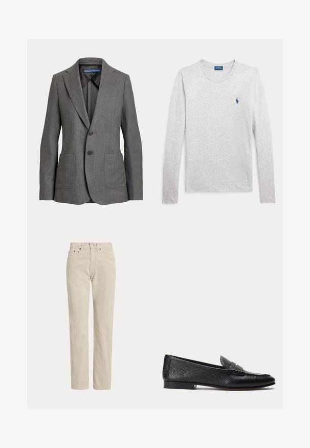 Enkeltknappet grå blazer med to knapper, hakkrave, to forlommelommer og en Polo by Ralph Lauren-label inde i kraven.; Lysegrå langærmet T-shirt med rund hals og blå Polo Ralph Lauren-logo broderet på venstre bryst.; Beige, lige-benede fløjlsbukser med bæltestropper, frontknap, lynlås og frontlommer.; Sort tekstureret læderloafer med lav hæl og klassisk penny-stropdetalje, vist i profil mod en ensfarvet lys baggrund.