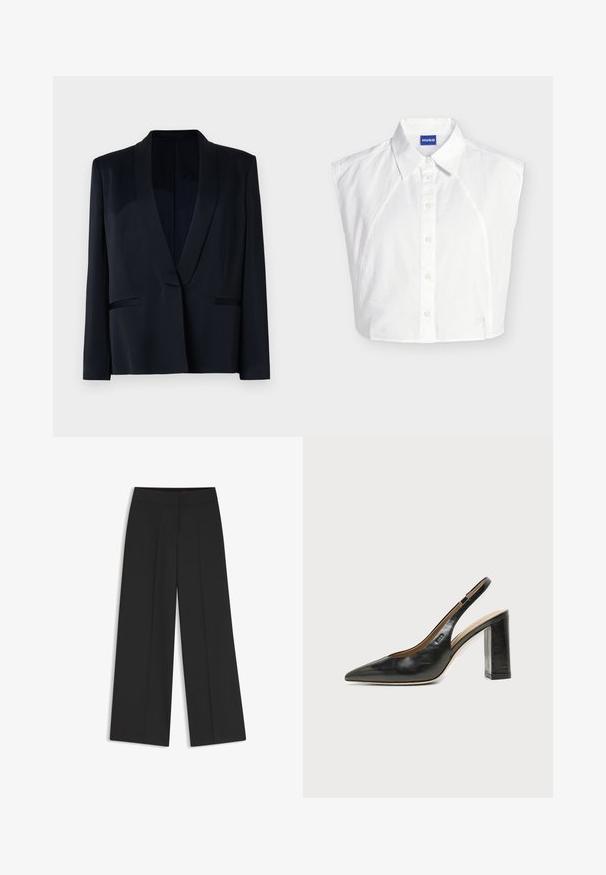 Zwarte blazer met een sjaalkraag, sluiting met één knop, twee voorzakken en een gladde stoftextuur. Geen zichtbare patronen of versieringen.; Wit mouwloos overhemd met knoopsluiting en kraag aan de voorkant, met Hugo merklabel binnenin de kraag en een subtiel geborduurd logo dichtbij de zoom.; Zwarte wijde pantalon met een platte tailleband en een geperste vouw aan de voorkant, afgebeeld tegen een witte achtergrond.; Zwarte leren slingback schoen met spits toelopend neusje, hoge blokhak en beige binnenvoering tegen een effen lichte achtergrond.