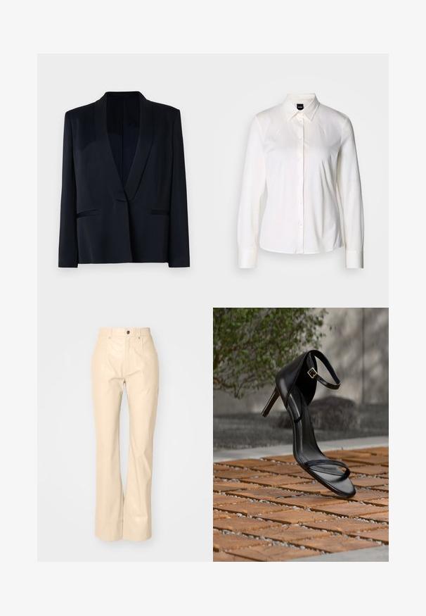 Schwarzer Blazer mit Schalkragen, einreihiger Knopfverschluss, zwei vorderen Taschen und glatter Stoffstruktur. Keine sichtbaren Muster oder Verzierungen.; Weißes Langarmhemd mit Knöpfen, klassischem Kragen und weichem Baumwollstoff, mit slim fit und einfachem Design ohne Muster.; Beige Fake-Leder Schlaghosen mit glatter Textur, ausgestattet mit Vordertaschen, einem Knopfverschluss und einem dezenten, glänzenden Finish.; Schwarze Sandalette mit hohem Absatz und Knöchelriemen schwebt über einem Holzboden im Freien vor verschwommenem Grün und Steinhintergrund.
