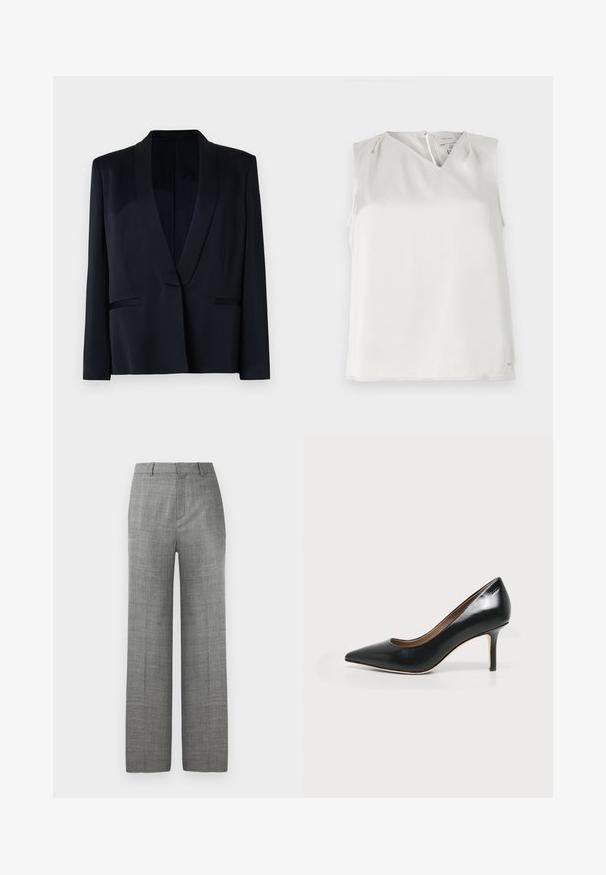 Zwarte blazer met een sjaalkraag, sluiting met één knop, twee voorzakken en een gladde stoftextuur. Geen zichtbare patronen of versieringen.; Mouwloze witte blouse met V-hals, subtiele plooien bij de schouders en ritssluiting aan de achterkant, getoond tegen een effen achtergrond.; Grijze op maat gemaakte wijde broek met riemlussen en een voorvouw op een witte achtergrond, geschikt voor formele of kantoorkleding.; Zwarte leren pumps met spits toelopende neus, een smalle kittenhak en een gladde, glanzende afwerking op een witte achtergrond.