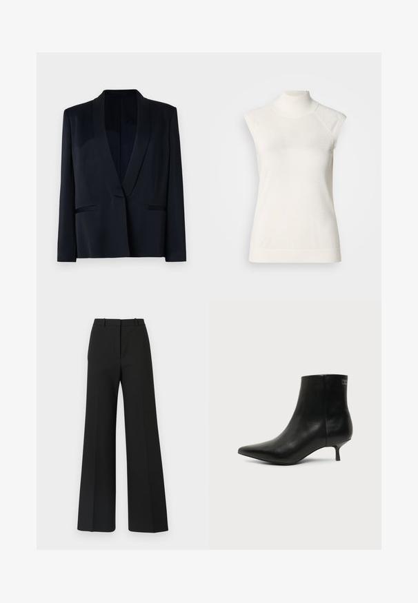 Schwarzer Blazer mit Schalkragen, einreihiger Knopfverschluss, zwei vorderen Taschen und glatter Stoffstruktur. Keine sichtbaren Muster oder Verzierungen.; Ärmelloses weißes Turtleneck-Oberteil aus weichem Material; verfügt über einen figurbetonten Schnitt mit hohem Kragen und subtiler gerippter Struktur am Saum.; Schwarze weite Hosen mit maßgeschneidertem Design, das eine glatte Textur und subtile Falten an der Vorderseite aufweist. Keine sichtbaren Beschläge oder Muster.; Schwarzer Leder-Knöchel-Stiefel mit spitzer Spitze und niedrigem Kittenabsatz vor hellem Hintergrund, seitliche Ansicht.