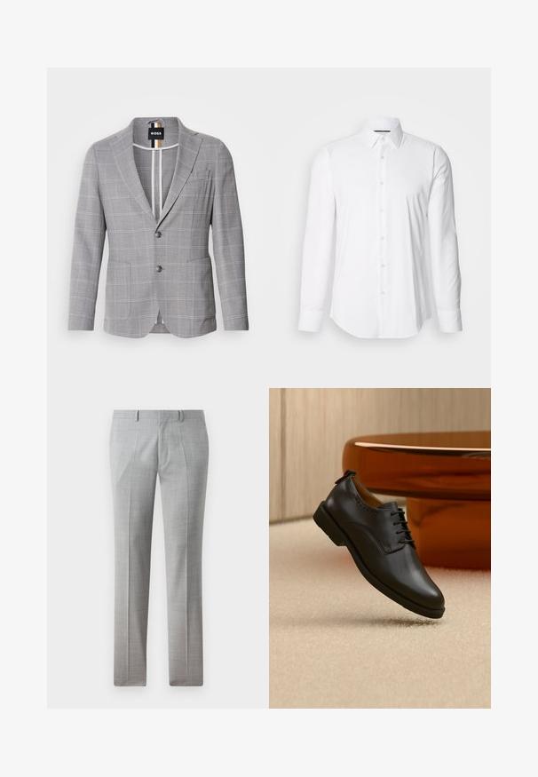 Blazer gris a cuadros hecho de una tela con una sutil textura. Presenta un cuello de muesca, cierre de dos botones y bolsillos frontales.; Camisa blanca de manga larga hecha de tejido suave, con un cuello clásico y diseño de botones en la parte delantera, con un dobladillo curved. Los botones tienen un acabado ligeramente brillante.; Pantalones gris ajustados hechos de una tela suave, con un fino patrón de cuadros, piernas rectas y lazos para cinturón. Sin bolsillos visibles.; Zapato de vestir de cuero negro con cordones, posicionado flotando sobre una alfombra beige claro, mesa redonda naranja al fondo.