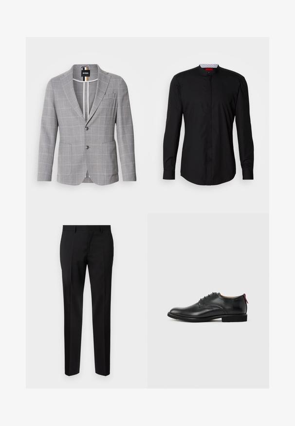 Grijze geblokte blazer van stof met een subtiele textuur. Beschikt over een geknipte revers, een sluiting met twee knopen en voorzakken.; Zwart shirt met lange mouwen en een mandarijnkraag, gemaakt van een gladde stof, met een knoopsluiting aan de voorkant en subtiele designdetails.; Zwarte op maat gemaakte broeken van een gladde stof, met een rechte pijp, verfijnde plooidetails en een klassieke tailleband met riemlussen.; Zwarte leren herenschoen met vetersluiting en rood trekfolie op de hiel tegen een effen achtergrond.