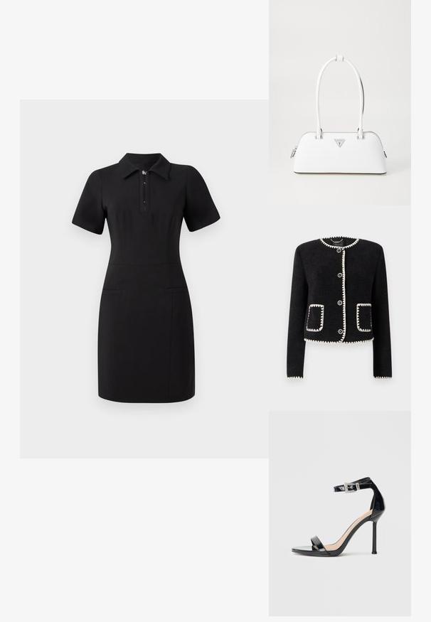 Veste noire avec un empiècement blanc à bord festonné, encolure ronde et six boutons sur le devant. Comprend deux poches à rabat avec une finition assortie. Tissu texturé.; Robe noire avec un col, des manches courtes et une fermeture éclair à l'avant. Dispose de deux poches avant et d'une coupe ajustée. Texture lisse.; Sandale à talon haut en cuir verni noir avec bride à la cheville. Présente un design minimaliste, un bout ouvert et une boucle ornée de strass.; Sac à main en cuir blanc avec une forme courbée, présentant un logo triangulaire argenté et une fermeture à glissière. Texture lisse et doubles poignées.