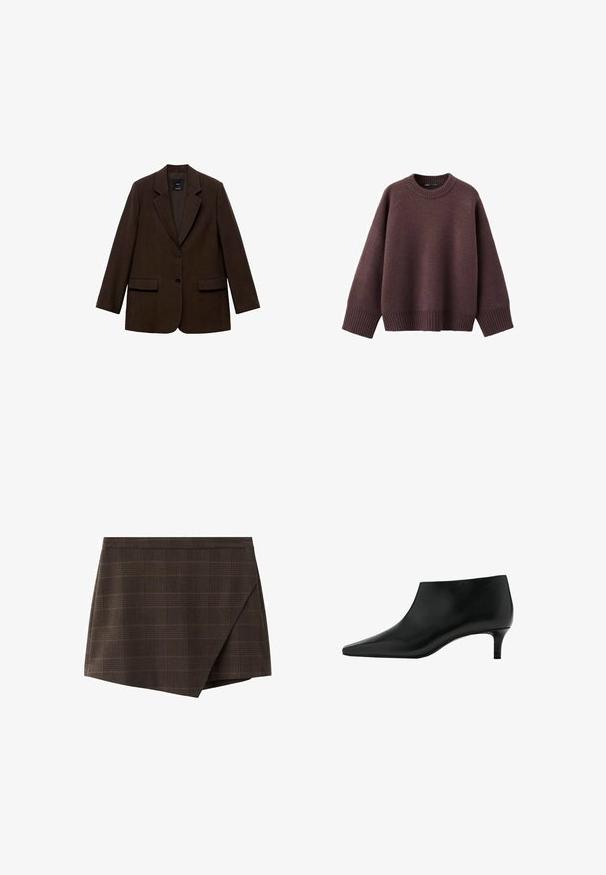 Brun blazer med en struktureret design, to frontlommer, to knapper og skåret klapkrave. Lavet af tekstureret stof.; Løs pasform sweater i mørk bordeaux, lavet af blødt strikket stof. Har en ribstrikket rund hals, vide ærmer og en ribstrikket kant.; Brun ternet slå-om-nederdel med struktureret design, indsatte taljebånd og en let skråtstillet kant, lavet af tekstureret stof.; Sort læderankelstøvle med spids tå og lavt kittenhæl, designet til elegant og formelt brug.