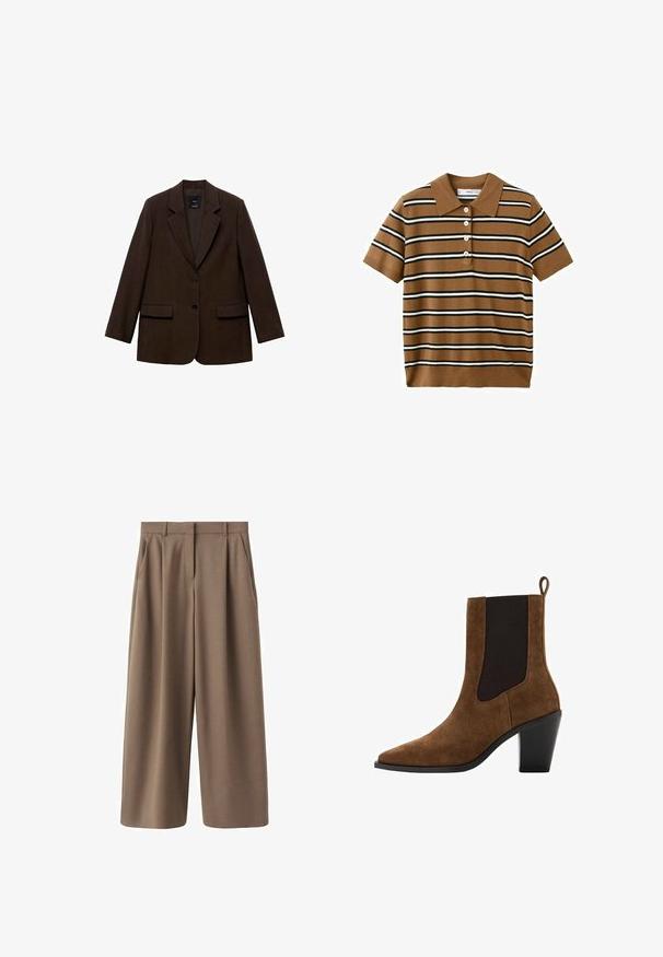 Brun blazer med en struktureret design, to frontlommer, to knapper og skåret klapkrave. Lavet af tekstureret stof.; Brun kortærmet polotrøje med sorte og hvide vandrette striber og fire hvide knapper foran.; Brune, vide bukser med en glat tekstur, frontfolder og høj talje. Har et skræddersyet design og sidelommer.; Brun ruskindsankelstøvle med spids tå, elastiske sidepaneler og blokhæl. Har en strop i bagenden for nem påtagning.